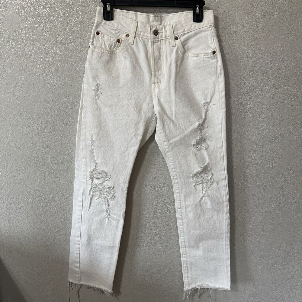 Levis 501 Jeans White Distressed Button Fly Women's Size 26x30 Straight Raw Hem
